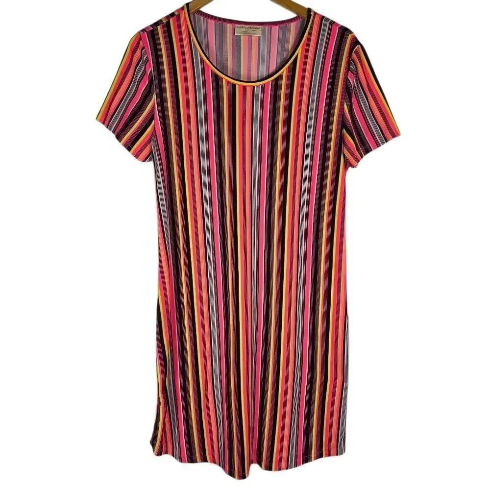 Bobbie Brooks Multi-Stripe Scoop-Neck Mini Dress in Pink, Black & Yellow
